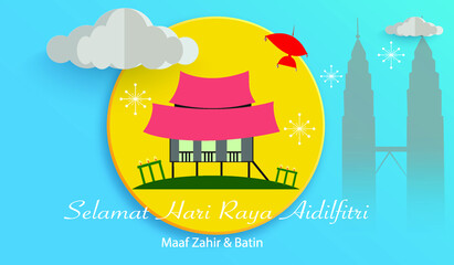  Vector illustration with traditional malay kampung village house and cityscape background. - 428691067
