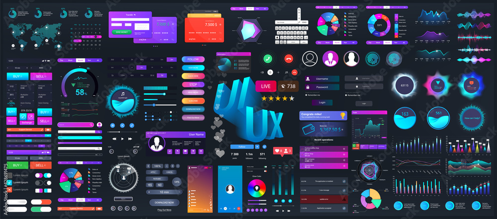 Poster Dark set elements user interface. Universal collection for Web, UI, UX and KIT. Colorful interface, neon design. Big set UI elements - navigation, buttons, graphic bars and charts. Vector collection
