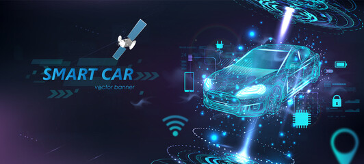 Futuristic electric smart car in polygonal style with HUD interface and icons. Hologram smart auto in Wireframe in line low-poly. Smart automobile banner. Virtual graphic interface HUD. Vector