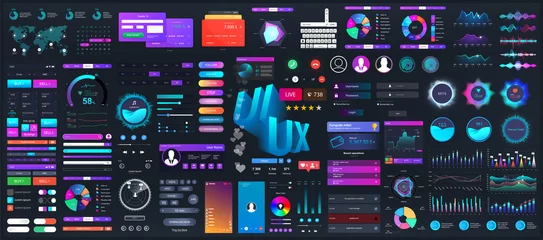 Fotobehang Dark set elements user interface. Universal collection for Web, UI, UX and KIT. Colorful interface, neon design. Big set UI elements - navigation, buttons, graphic bars and charts. Vector collection © SergeyBitos
