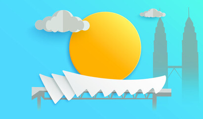 Travel and holiday vector illustration concept with clouds, sun, building and blue background. - 428691826