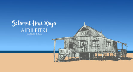 Selamat Hari Raya Aidilfitri vector illustration with traditional malay village house / Kampung along the beach. Caption: Fasting Day of Celebration - 428691830