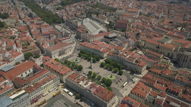 sunny day lisbon city central rossio square aerial panorama 4k portugal