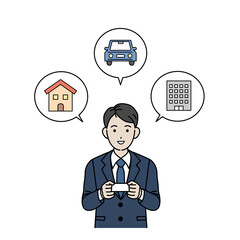 名刺を渡すスーツ姿の男性　交換　挨拶　イラスト素材
