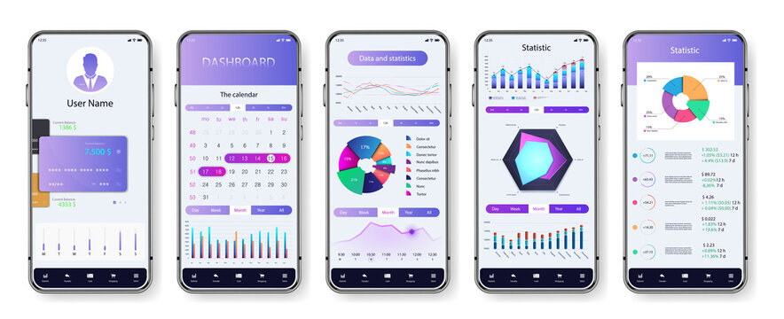 Light application interface for mobile phone. UI screens with dashboard, pie charts, infographics, diagrams and statistic. App mockup with investment, economic statistic and data forex. Vector UI set