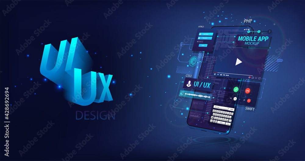 Aufkleber Mobile Phone Application with blocks - user interface, coding, security and functionality. Web page with perspective smartphone and UI, UX, KIT elements. Template Mobile App. Vector web page mockup