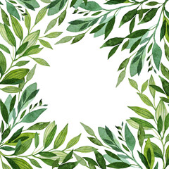 Watercolor frame border with green hand-drawn branch leaves isolated on white background. Banner template greenery copy space for design of invite, wedding celebration, announcement quotes, wallpaper