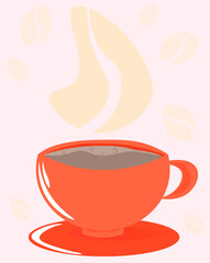 Red cup with coffee on a beige background.