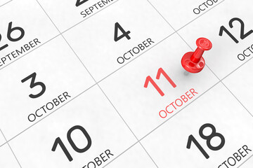 3d rendering of important days concept. October 11th. Day 11 of month. Red date written and pinned on a calendar. Autumn month, day of the year. Remind you an important event or possibility. - obrazy, fototapety, plakaty