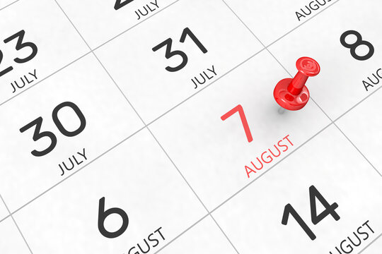 3d rendering of important days concept. August 7th. Day 7 of month. Red date written and pinned on a calendar. Summer month, day of the year. Remind you an important event or possibility.