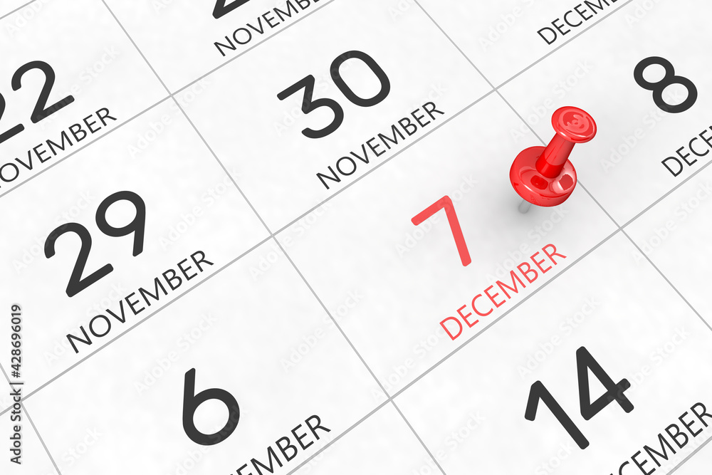 Poster 3d rendering of important days concept. december 7th. day 7 of month. red date written and pinned on