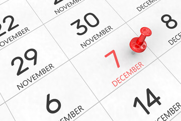3d rendering of important days concept. December 7th. Day 7 of month. Red date written and pinned on a calendar. Winter month, day of the year. Remind you an important event or possibility.