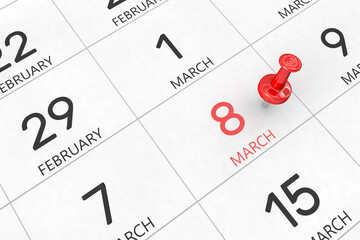 3d rendering of important days concept. March 8th. Day 8 of month. Red date written and pinned on a calendar. Spring month, day of the year. Remind you an important event or possibility.