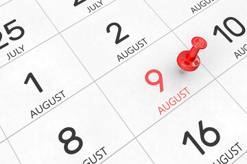 3d rendering of important days concept. August 9th. Day 9 of month. Red date written and pinned on a calendar. Summer month, day of the year. Remind you an important event or possibility.