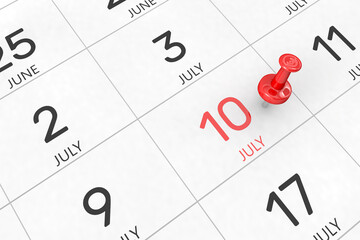 3d rendering of important days concept. July 10th. Day 10 of month. Red date written and pinned on a calendar. Summer month, day of the year. Remind you an important event or possibility.