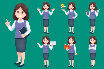 Obraz premium Asian young woman teacher have different gestures for introducing classroom and learning services for children.
