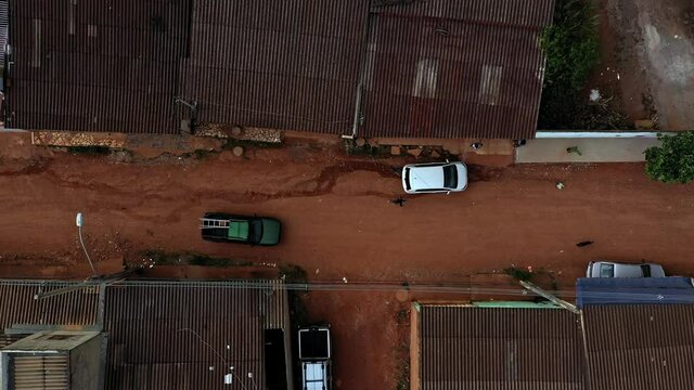 Top down aerial view of the dirt streets of the Sol Nascente favela or shanty towns of Brazil