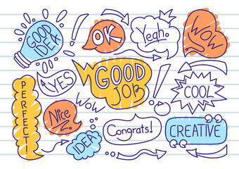 Speech bubble sketch doodle set, background line notebook. Design elements dialog clouds with text, business banner. Speech thought blobs icon comics book. Hand drawn cartoon vector illustration