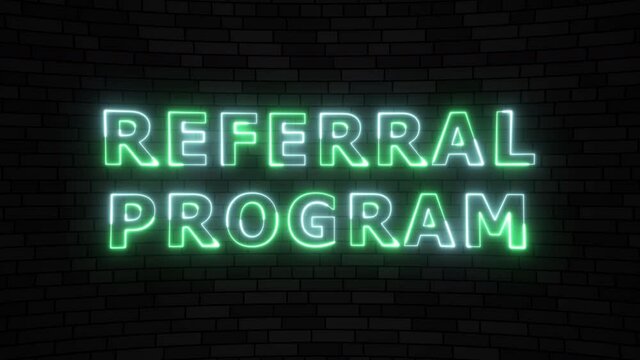 'REFERRAL PROGRAM' blue and green energy border lines title animation with reflection on a floor. Simple seamless loop animated text. 4k typography motion graphic