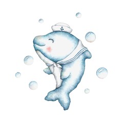 dolphin in a sailor suit isolated on a white background. sea creatures. watercolor illustration