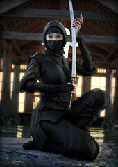 Fototapeta na wymiar Portrait of an Asian female ninja posing with her weapon. 3d rendering 