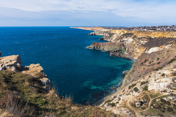 cape fiolent, crimea, sevastopol, black sea, bay, beach, beautiful, blue, cliff, coast, coastline, europe, island, landscape, mountain, nature, ocean, panoramic landscape, rock, sand, scenic, sea, sky