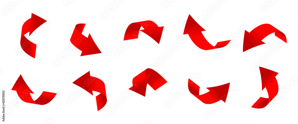 Fototapete gradient red curved arrows 3d set. icons of cursor or direction. realistic arrow twisted in various 