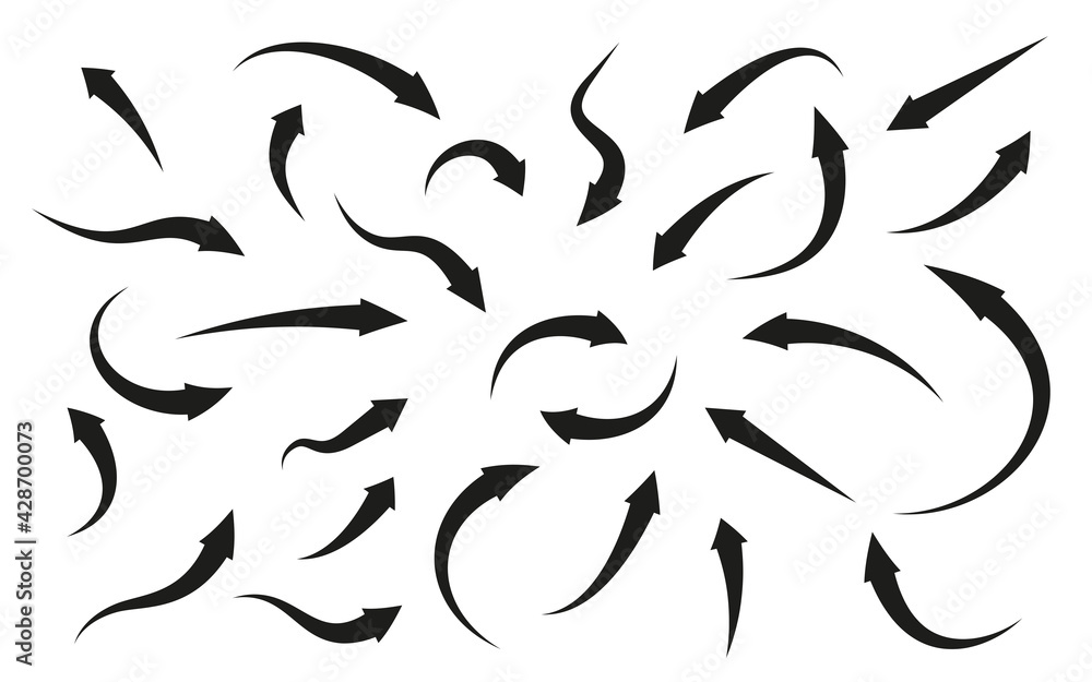 Poster black arrows icons set. flat curved cursor sign. navigation pointer. infographic element. simple gra