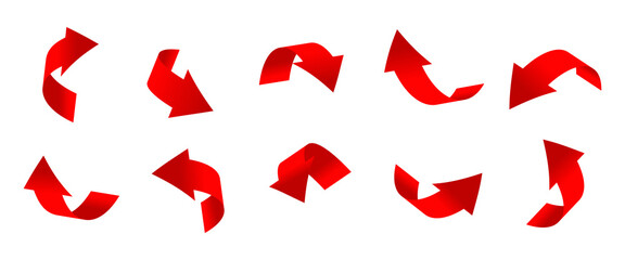 Gradient red curved arrows 3d set. Icons of cursor or direction. Realistic arrow twisted in various directions. Infographic object a pointer sign. Rounded navigation. Isolated vector illustration