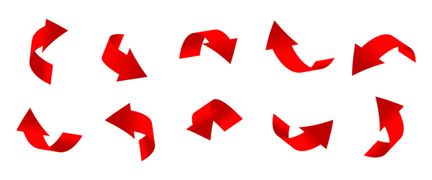 Gradient Red Curved Arrows 3d Set. Icons Of Cursor Or Direction. Realistic Arrow Twisted In Various Directions. Infographic Object A Pointer Sign. Rounded Navigation. Isolated Vector Illustration