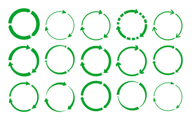 Green silhouette round recycle icons set. Rotate circle arrows symbols. Eco rotation, infographics element for website, apps. Logo for using recycled resources. Isolated on white vector illustration