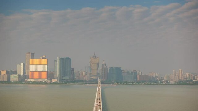 sunrise sunset macau cityscape traffic bridge rooftop panorama timelapse 4k  china
