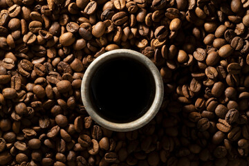 Coffee bean background, roast grain. Top view.