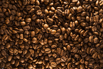 Coffee bean background, roast grain. Top view.