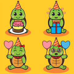 Vector illustration of cute Little Turtle Party cartoon set. Good for icon, logo, label, sticker, clipart.