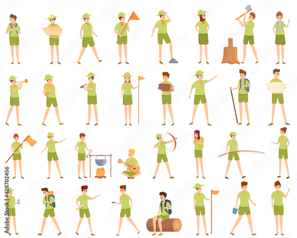 Poster scouting icons set. cartoon set of scouting vector icons for web design