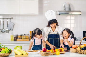 Portrait of enjoy happy love asian family mother and little asian girl daughter child having fun cooking together with fresh vegetable salad and sandwich ingredient on table in kitchen