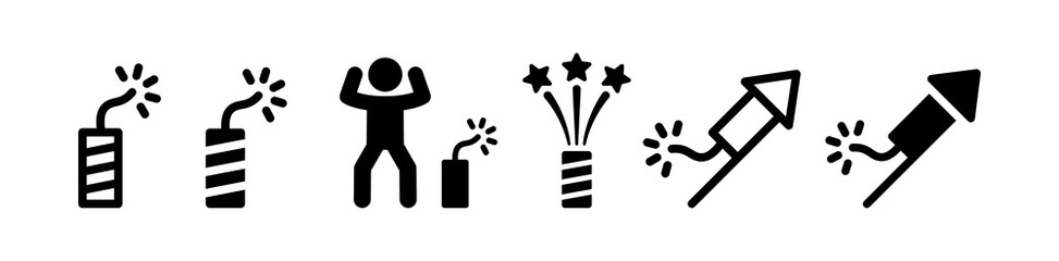 Fireworks or firecracker celebration flat set icon for apps. Person covering his ears to avoid loud noise.
