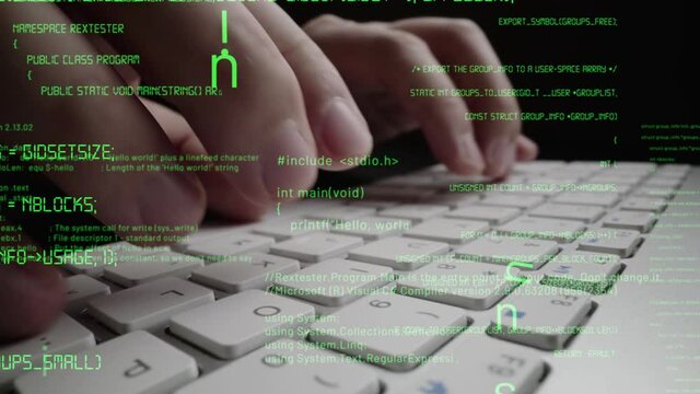 Creative visual of computer programming coding and software development shown by man working on computer keyboard with overlay of computer graphic displaying abstract program codes and computer script