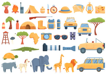 Jeep safari icons set. Cartoon set of jeep safari vector icons for web design © nsit0108