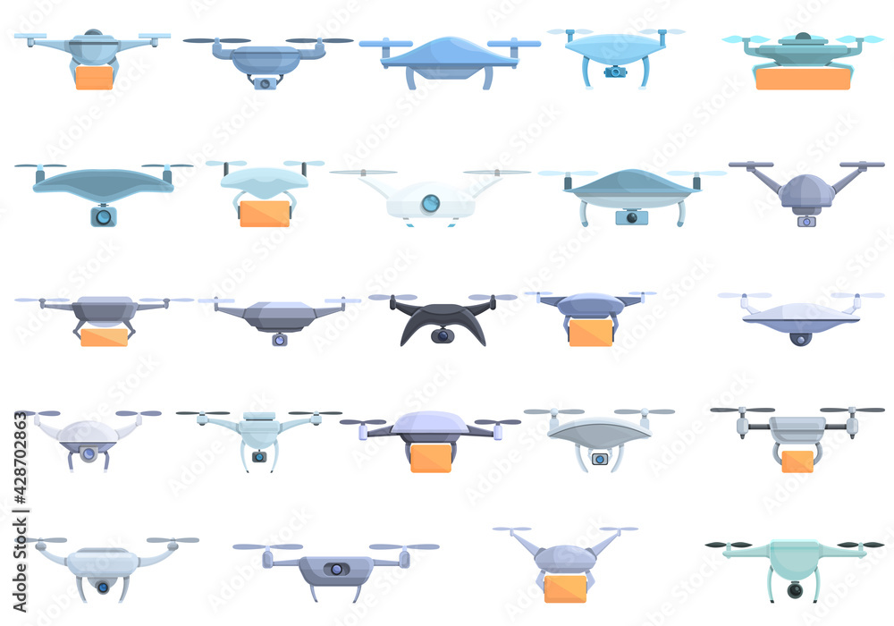 Poster drone technology icons set. cartoon set of drone technology vector icons for web design