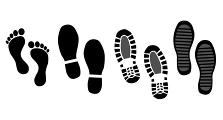 Foot print vector illustration set with shoes bare feet and boot print