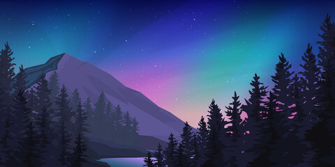 Mountain forest at the northern lights landscape. - obrazy, fototapety, plakaty