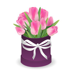 Obraz na płótnie Canvas Bouquet of pink tulips in the box. Vector illustration isolated on white background.
