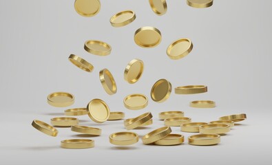 Falling golden coins on a white background. 3d rendering
