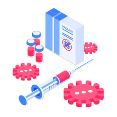 Virus protection and health care concept. Medicines, viruses, syringe and ampoules icons.Isometric vector illustration. Isolated on white background.