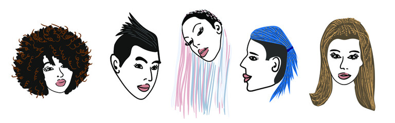 a set of silhouettes of young men and women with a traditional African American hairstyle, braids and braids. color black and white illustration on white isolated background.