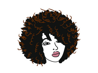 silhouette of a girl with a traditional African American Afro hairstyle. Color black and white illustration on white isolated background.