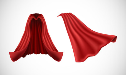 3d realistic vector red cape front and side view, isolated on white background.