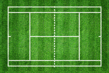 Grass tennis court field with white line pattern. Baseline for sport game background. Top view.